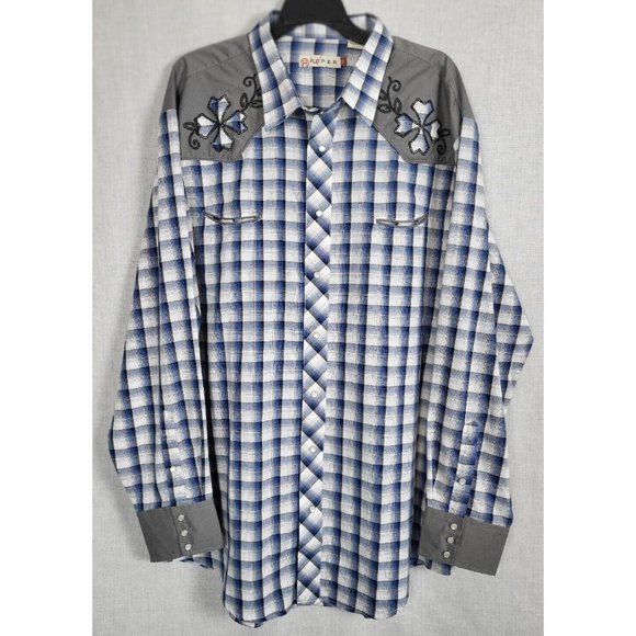 Roper Western Shirt Mens 2XL Embroidered Plaid Long Sleeve Pearl Snap Blue/Gray - Picture 2 of 8